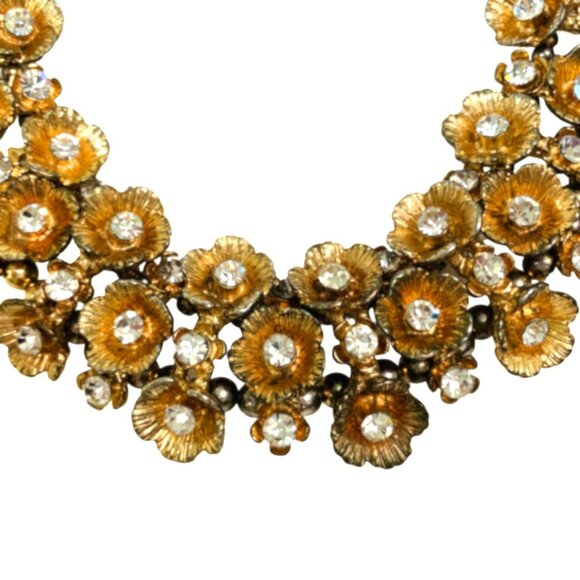 Necklace Gold Tone Floral Rhinestone Triple Stand Hollywood Glam Regency Adjusts - Picture 3 of 8